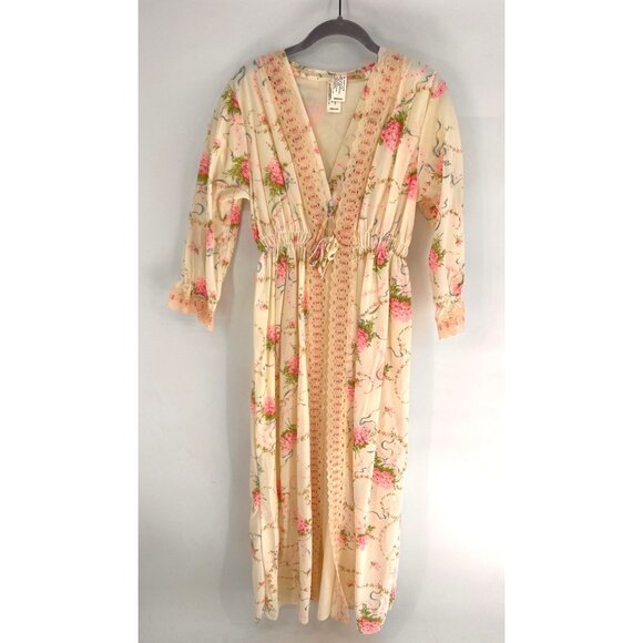 Vintage Nightgown and Robe Womens Size Medium Floral Print Lace Cuff Beige Pink - Picture 1 of 7